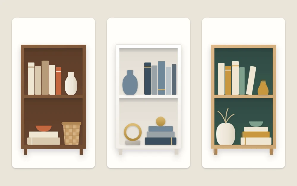 Three small two-shelf units in different palettes: warm neutrals with terracotta, cool blue and gray with brass, deep green with ochre and cream
