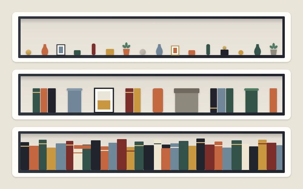 Three single shelves: one lined with tiny objects, one with everything the same height, one packed edge to edge