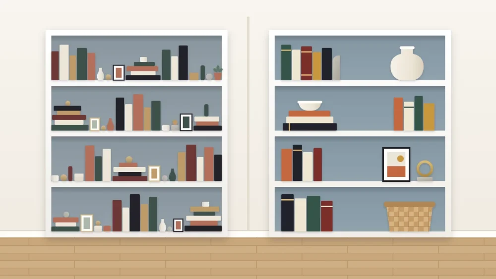 The same bookcase shown twice: crammed edge to edge with tiny objects on the left, edited to books, larger objects and open space on the right