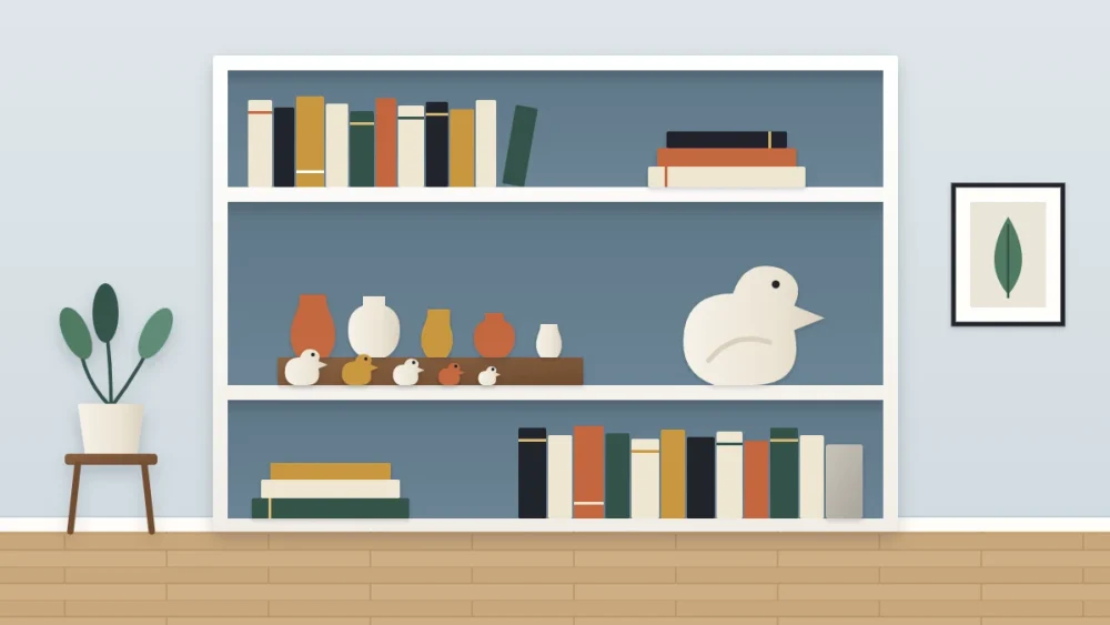 A bookcase whose middle shelf displays small ceramic birds and pots in graded sizes, the back row on a low riser, with book shelves above and below