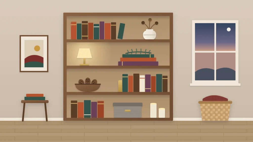 An evening bookcase with rust, forest green and brown books, a stoneware vase of dried seed heads, a small glowing lamp, a wooden bowl of pine cones and an evergreen sprig