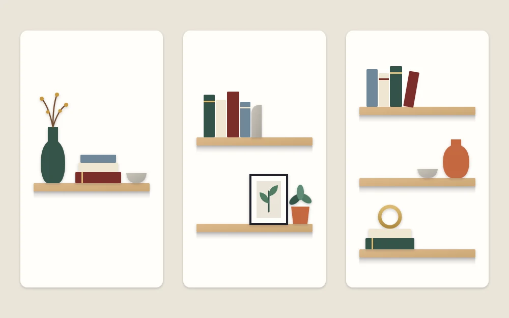 Three wall shelf layouts: a single shelf with vase, book stack and bowl, a pair with groups at opposite ends, three shelves in a zigzag