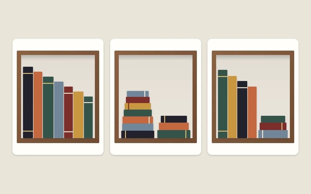 Three tiles of one shelf: books upright graded tall to short, books in flat stacks, and an upright row ended by a stack