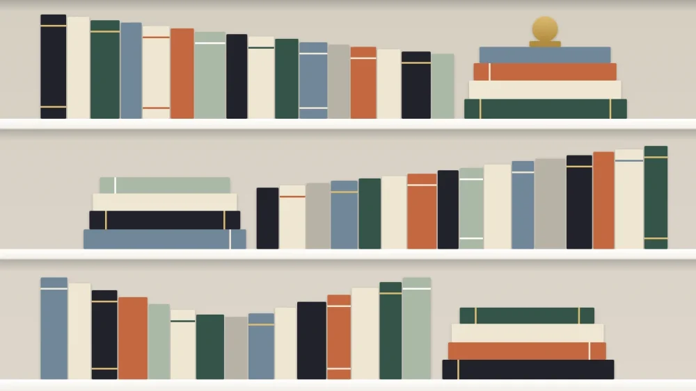 Three shelves of plain-spined books in graded upright rows ended by flat stacks that alternate left and right