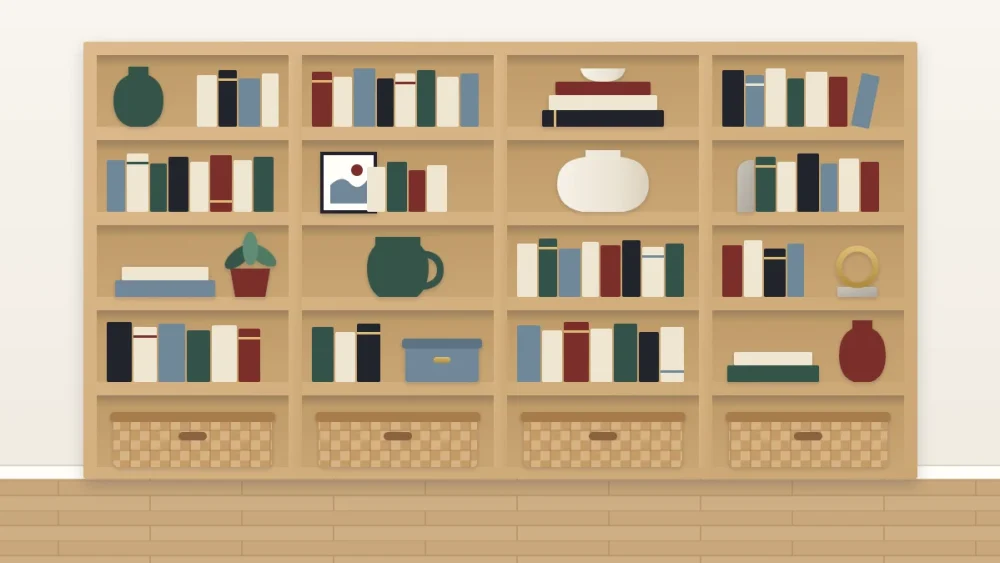 Wall-wide bookcase with four columns and five rows: book-only openings, large vases and baskets in a zigzag, and matching baskets along the lowest row
