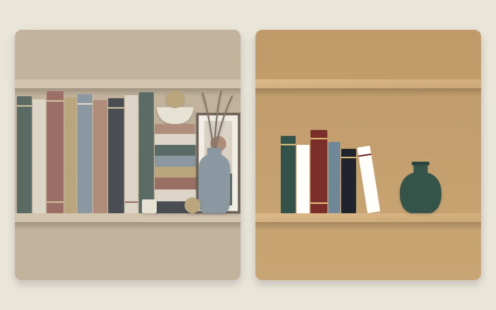 One shelf drawn twice: packed edge to edge on the left, and on the right a short book row, one vase and open space