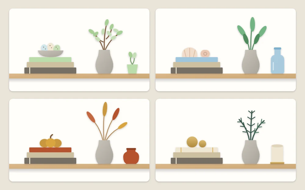 Four tiles showing the same shelf with a book stack and vase restyled for spring, summer, fall and winter