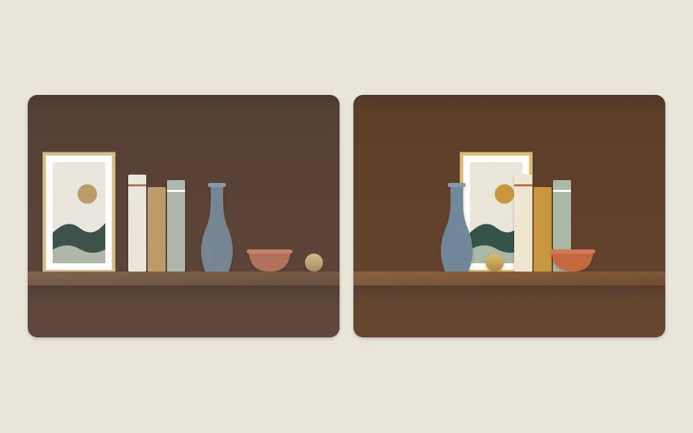 One shelf twice: five objects standing in a single flat line with gaps, then the same five overlapping in three layers